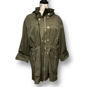 Antonio Melani XL Olive Green Hooded Utility Trench Coat Gold‎ Zip Jacket Fall